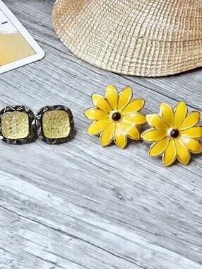 Yellow Daisy Flower Enamel Earrings -  Earring Bundle Studs